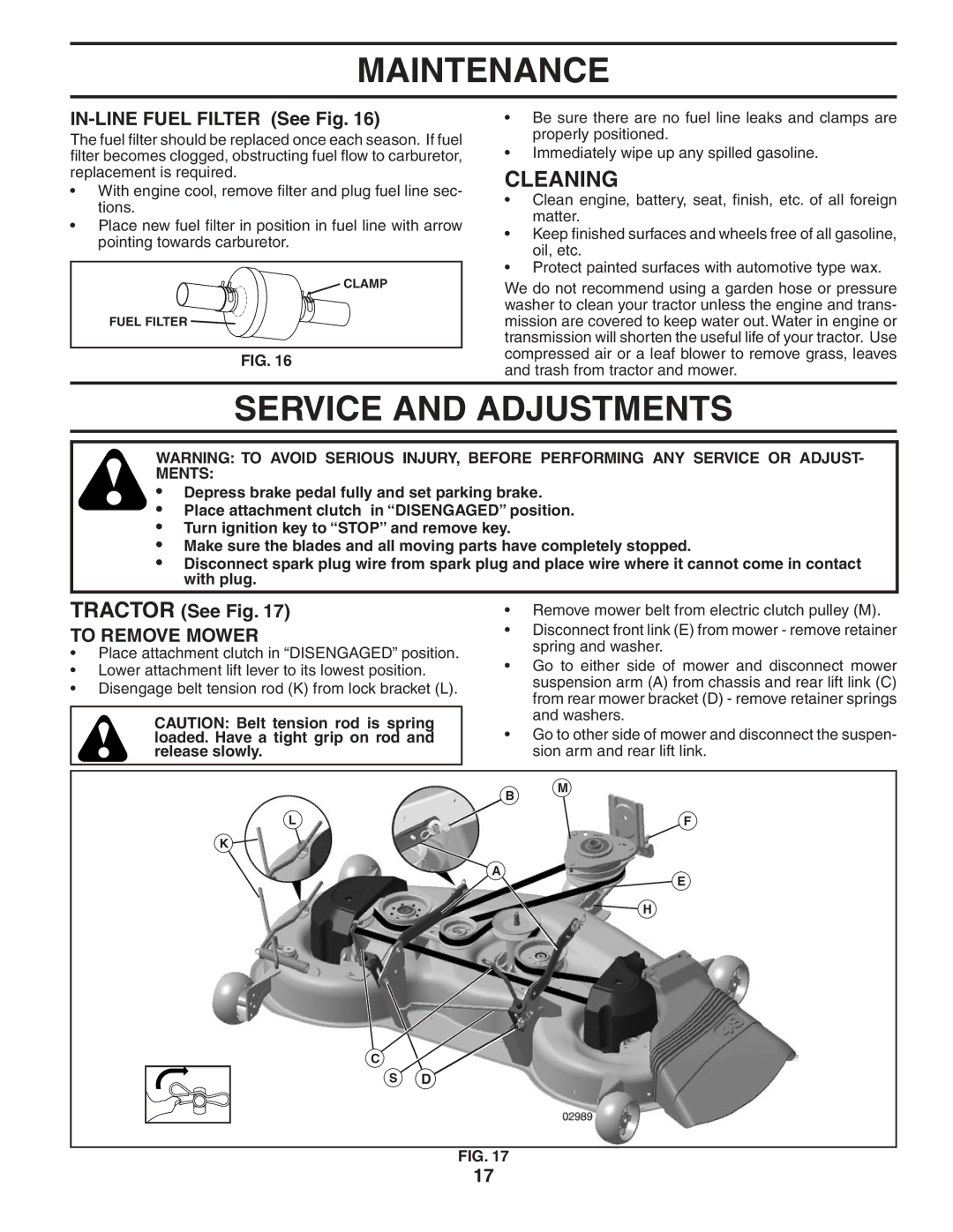 Husqvarna YTH2448T Service and Adjustments, Cleaning, IN-LINE Fuel Filter See Fig, Tractor See Fig, To Remove Mower 