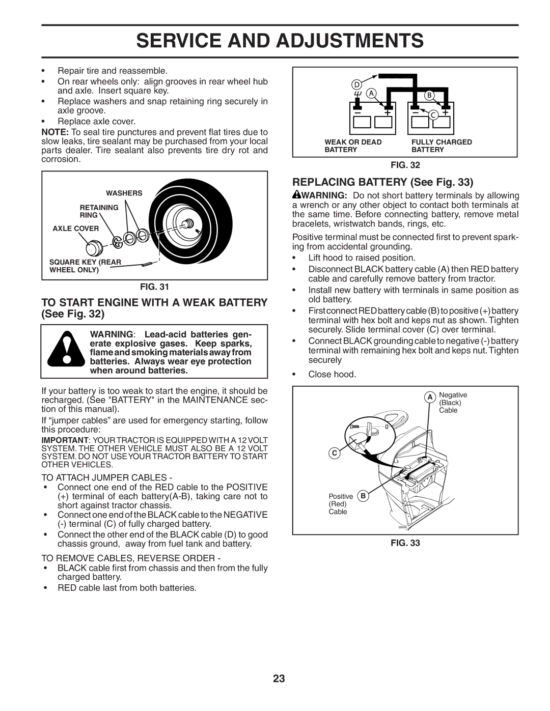 Husqvarna YTH2448T To Start Engine with a Weak Battery See Fig, Replacing Battery See Fig, To Attach Jumper Cables 