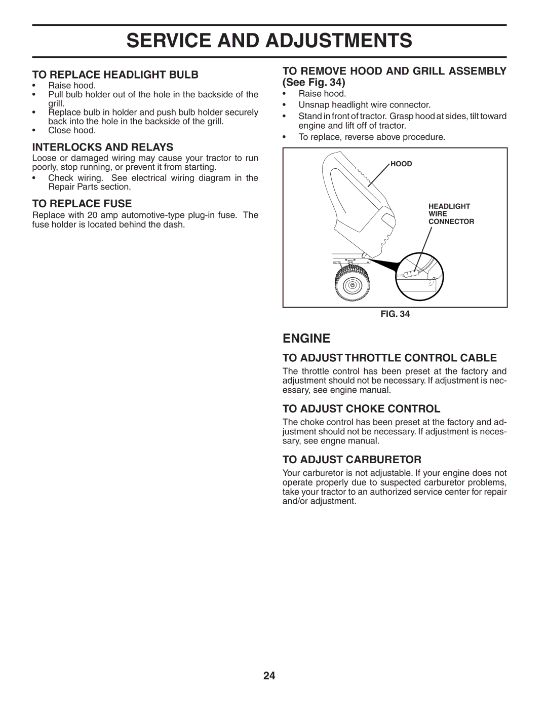 Husqvarna YTH2448T To Replace Headlight Bulb, Interlocks and Relays, To Replace Fuse, To Adjust Throttle Control Cable 