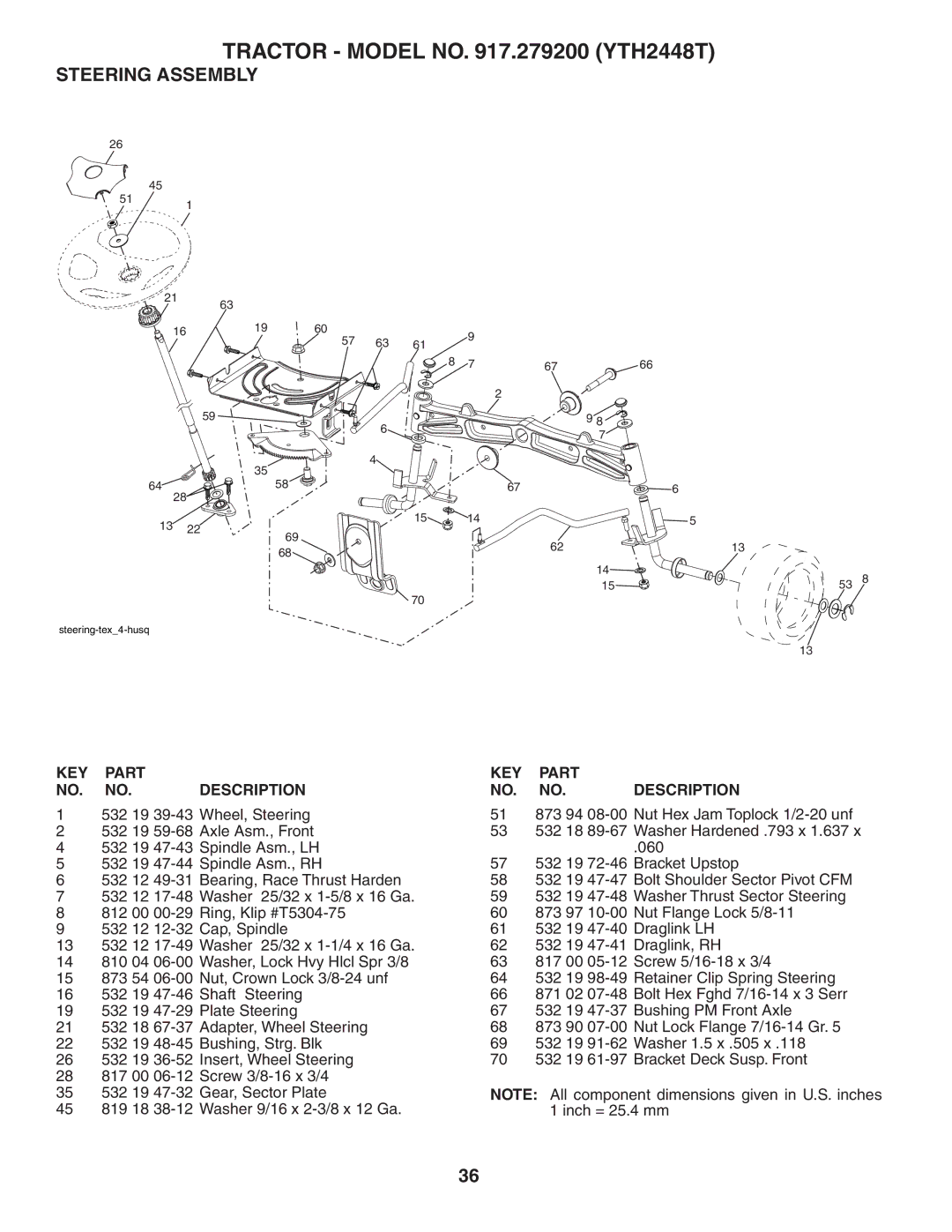 Husqvarna YTH2448T owner manual Steering Assembly 