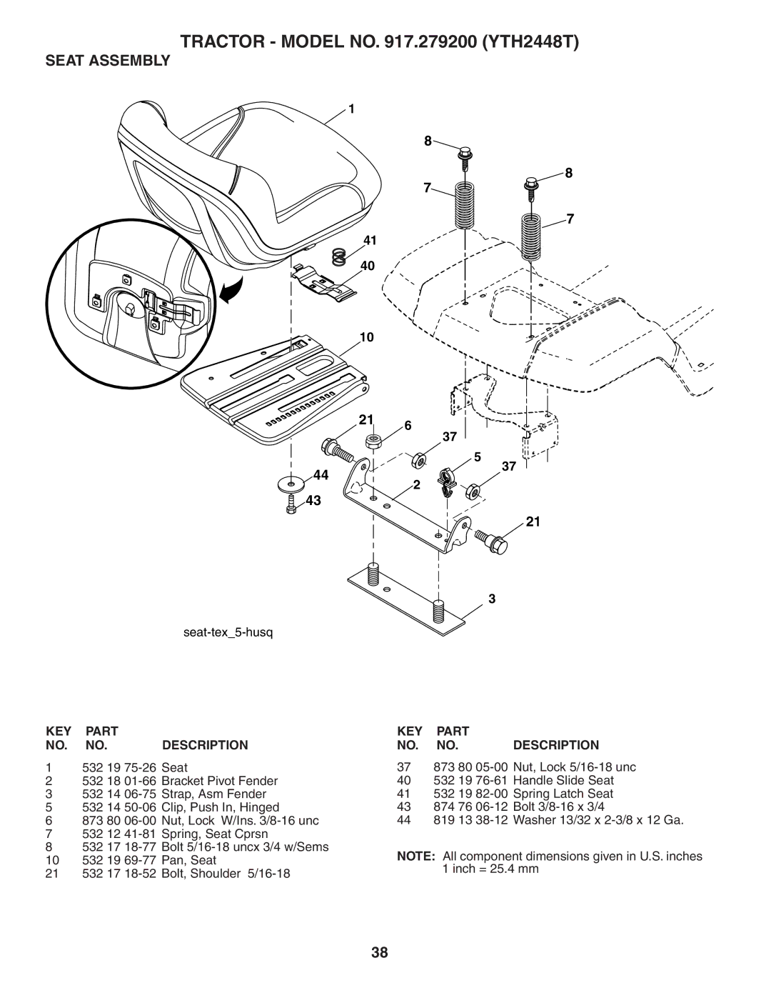 Husqvarna YTH2448T owner manual Seat Assembly 