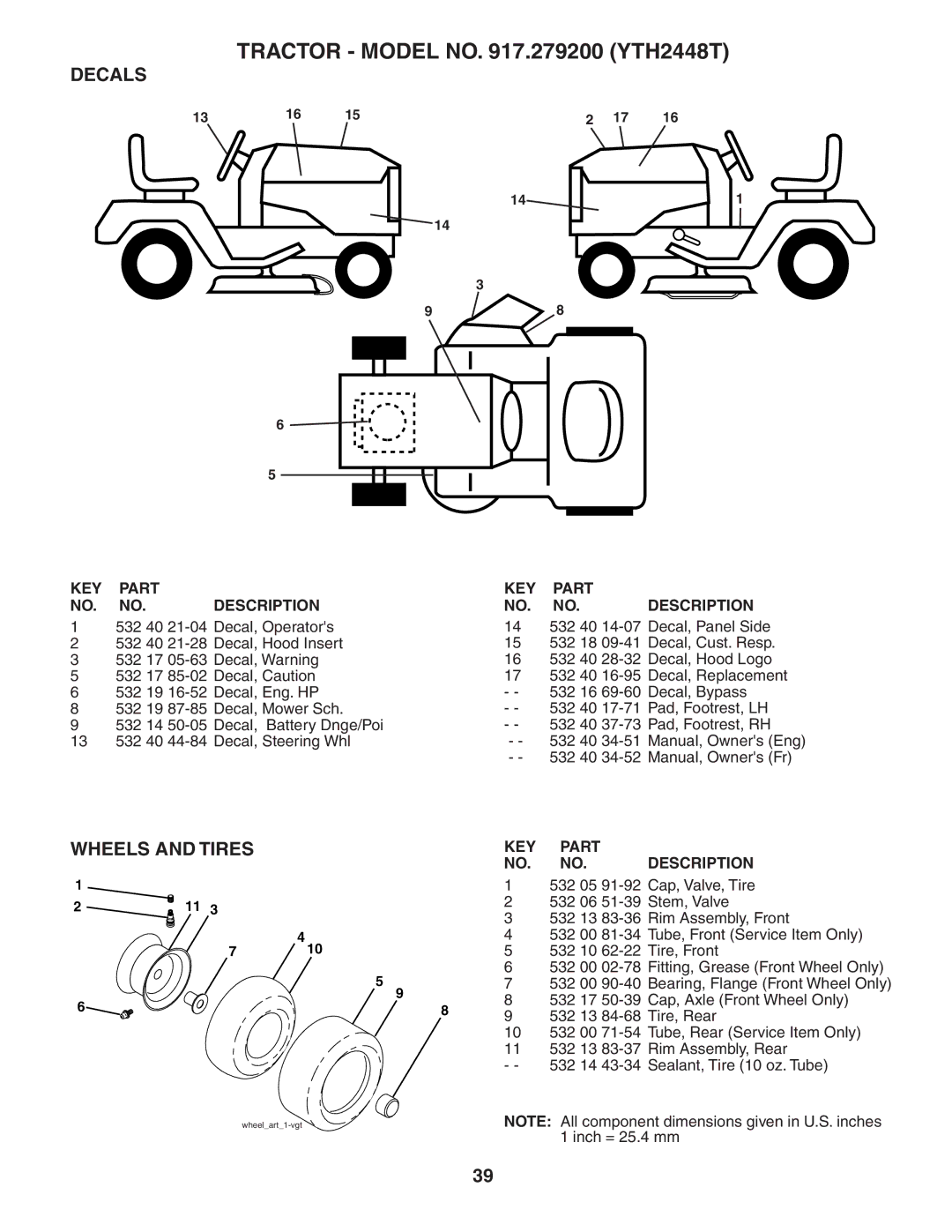 Husqvarna YTH2448T owner manual Decals, Wheels and Tires 