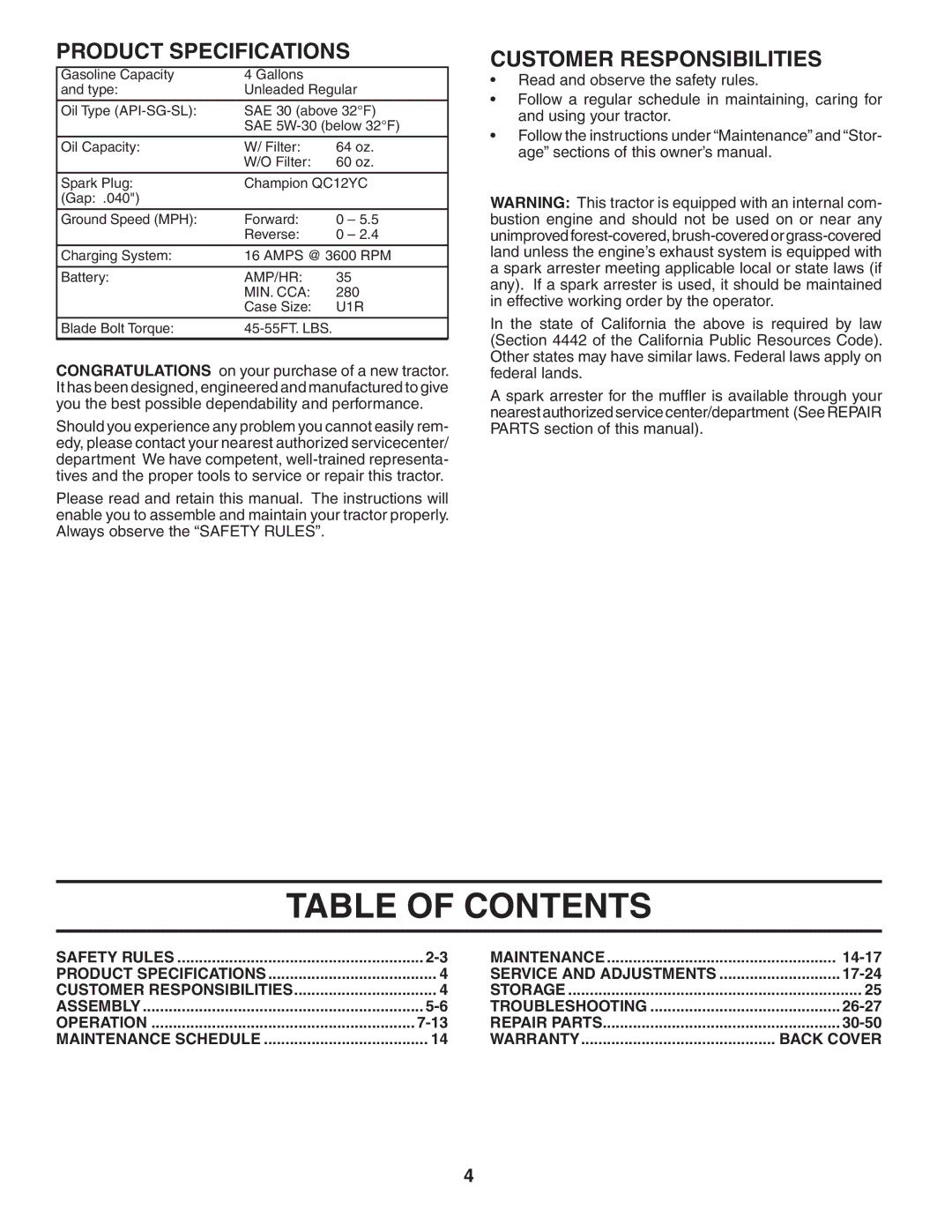 Husqvarna YTH2448T owner manual Table of Contents 