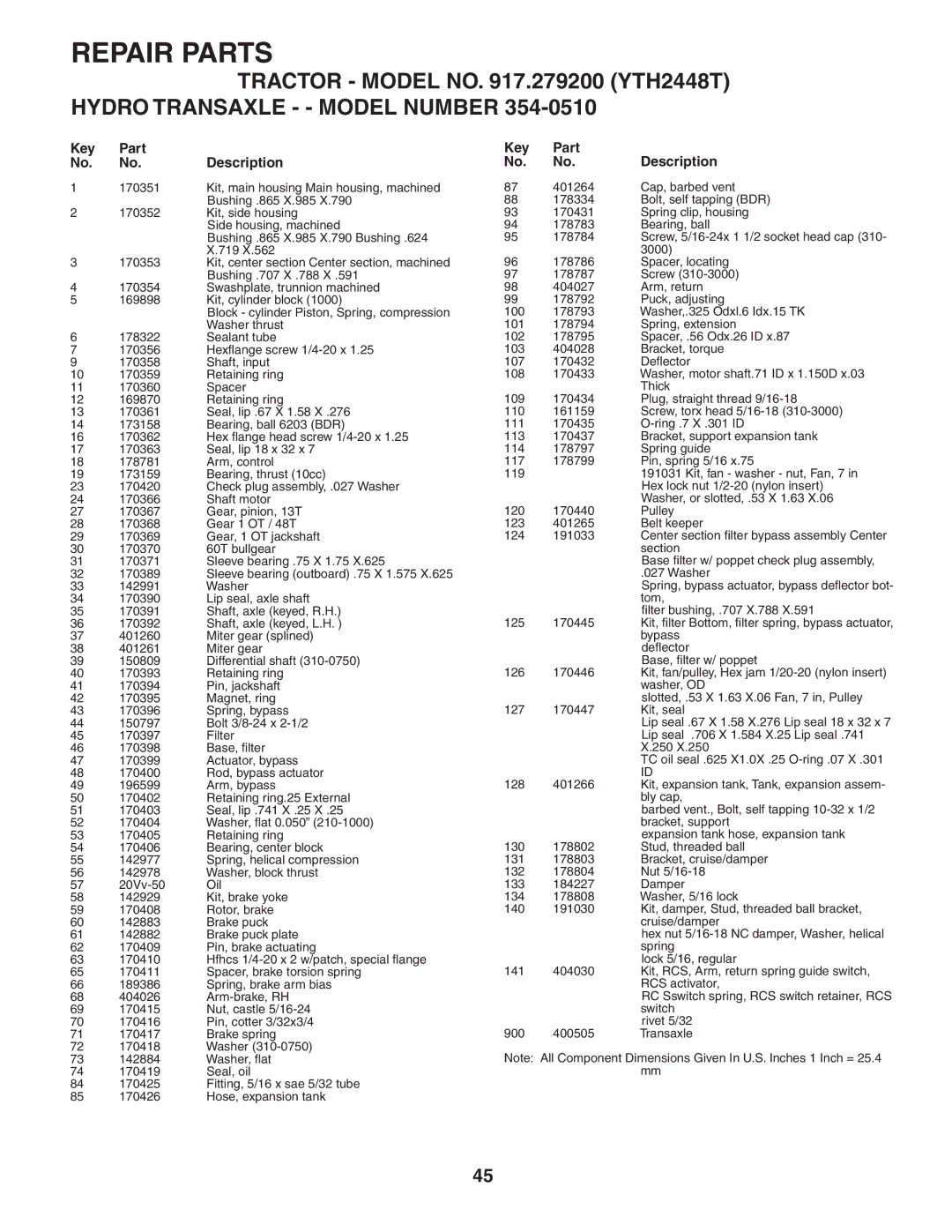 Husqvarna YTH2448T owner manual Key Part Description 