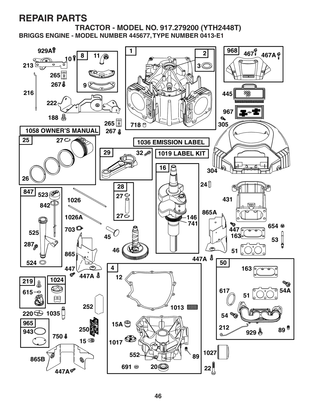 Husqvarna YTH2448T owner manual Briggs Engine Model Number 445677, Type Number 0413-E1, Emission Label Label KIT 