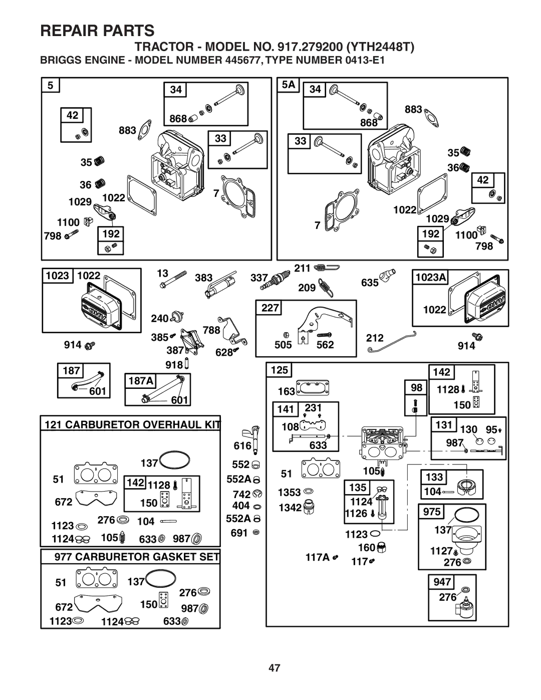 Husqvarna YTH2448T owner manual Carburetor Gasket SET 