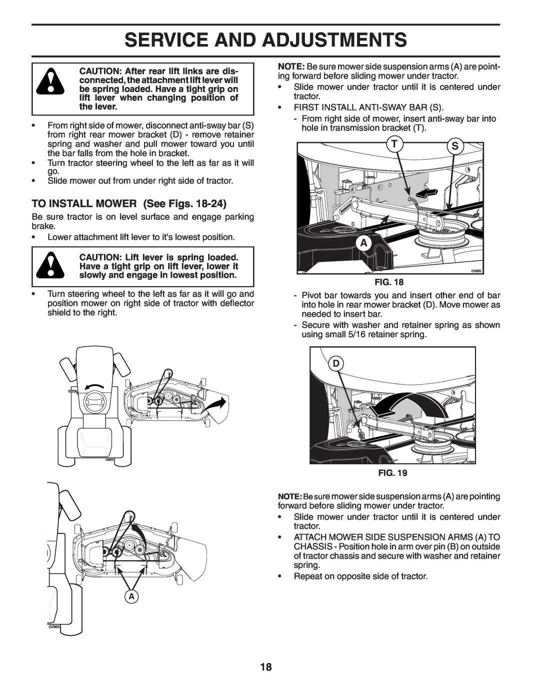 Husqvarna YTH2448T owner manual TO INSTALL MOWER See Figs, Service And Adjustments 