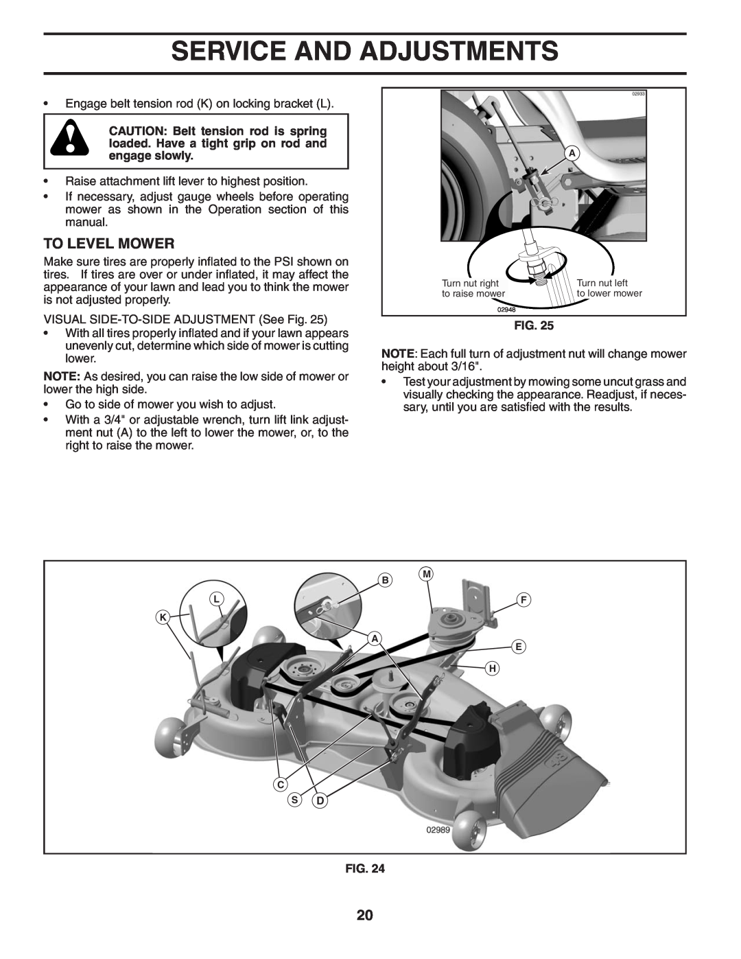 Husqvarna YTH2448T owner manual To Level Mower, Service And Adjustments 