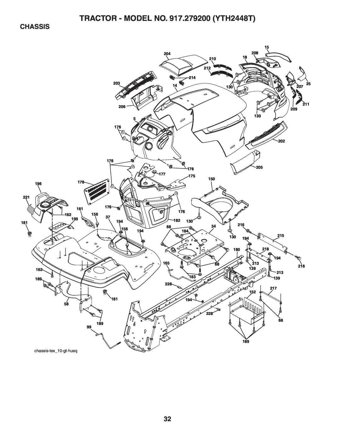Husqvarna owner manual Chassis, TRACTOR - MODEL NO. 917.279200 YTH2448T, chassis-tex10-gt-husq 
