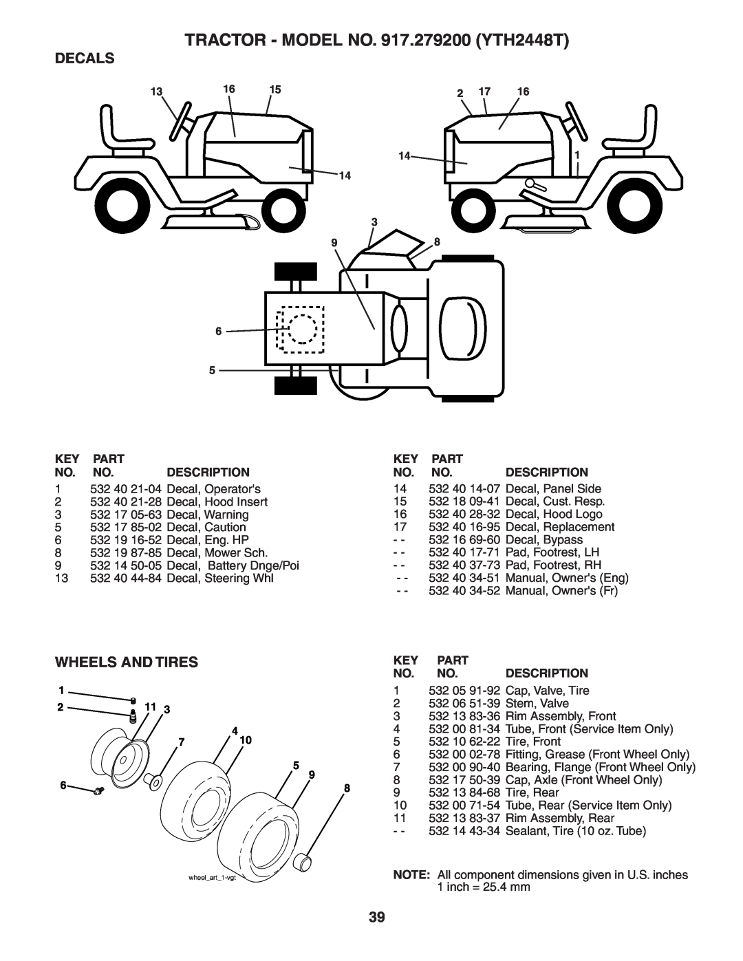 Husqvarna owner manual Decals, Wheels And Tires, TRACTOR - MODEL NO. 917.279200 YTH2448T, wheelart1-vgt 