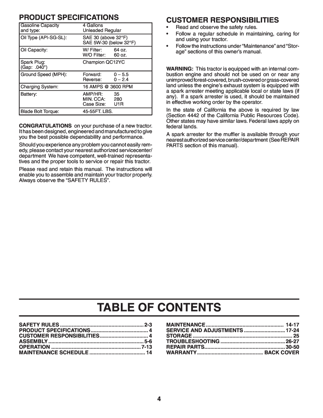 Husqvarna YTH2448T owner manual Table Of Contents, Product Specifications, Customer Responsibilities 
