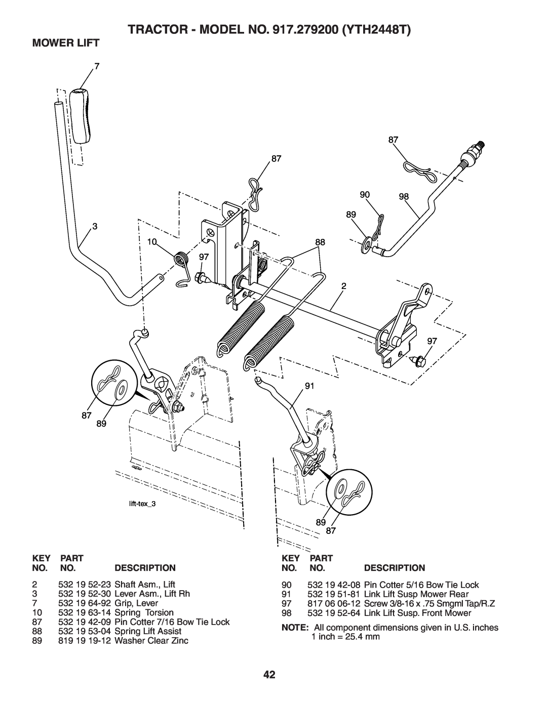 Husqvarna owner manual Mower Lift, TRACTOR - MODEL NO. 917.279200 YTH2448T, lift-tex3 