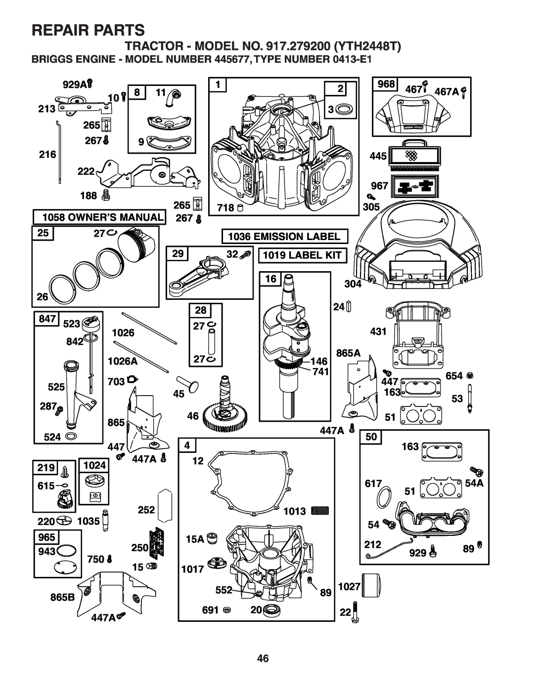 Husqvarna YTH2448T owner manual BRIGGS ENGINE - MODEL NUMBER 445677, TYPE NUMBER 0413-E1, Repair Parts, 865B 