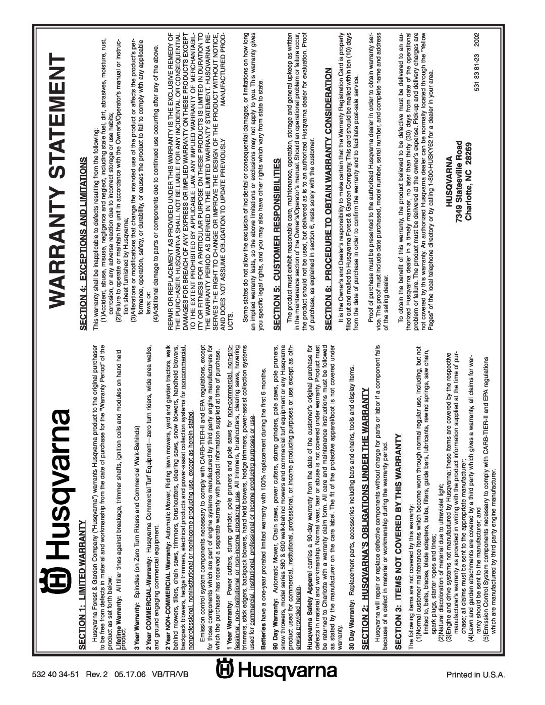 Husqvarna YTH2448T owner manual Warranty Statement, Limited Warranty, Husqvarna’S Obligations Under The Warranty 