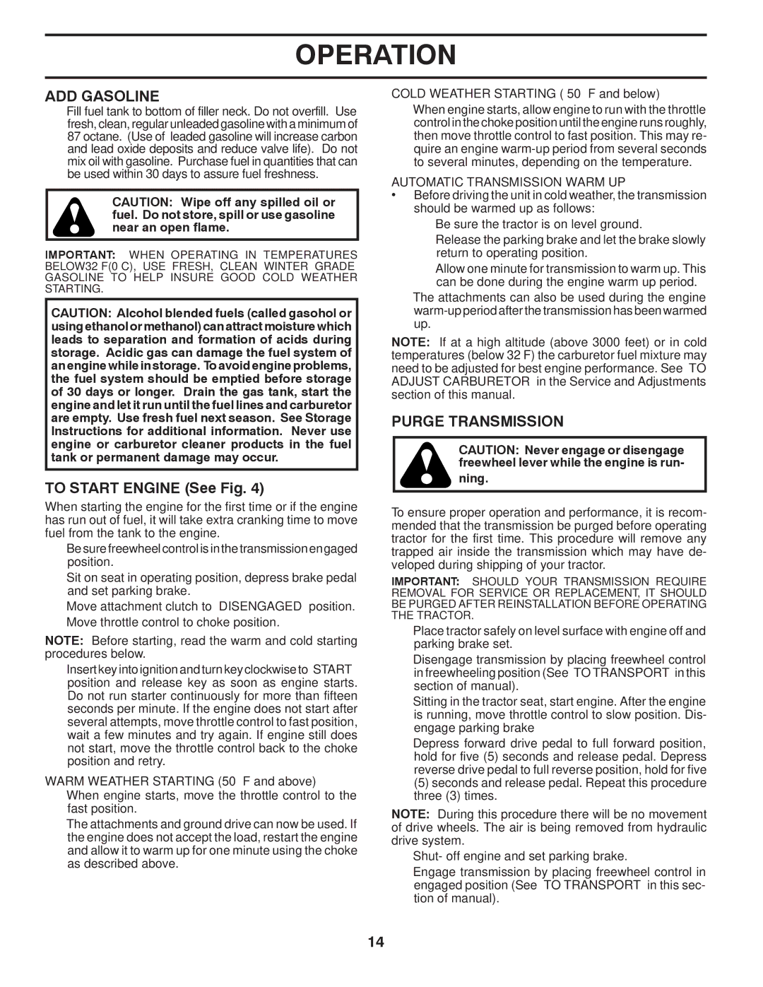 Husqvarna YTH2454 owner manual ADD Gasoline, To Start Engine See Fig, Purge Transmission, Automatic Transmission Warm UP 