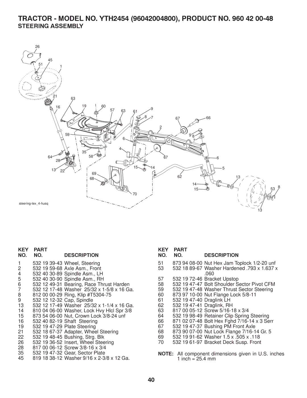 Husqvarna YTH2454 owner manual Steering Assembly, KEY Part Description 