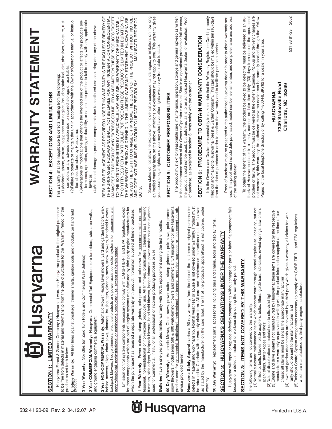 Husqvarna YTH2454 owner manual Warranty Statement 