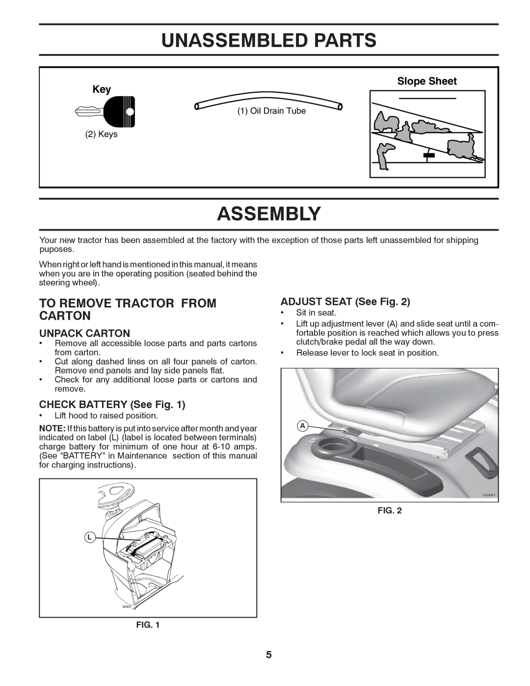 Husqvarna YTH2454 owner manual Unassembled Parts, Assembly, To Remove Tractor from Carton, Unpack Carton 