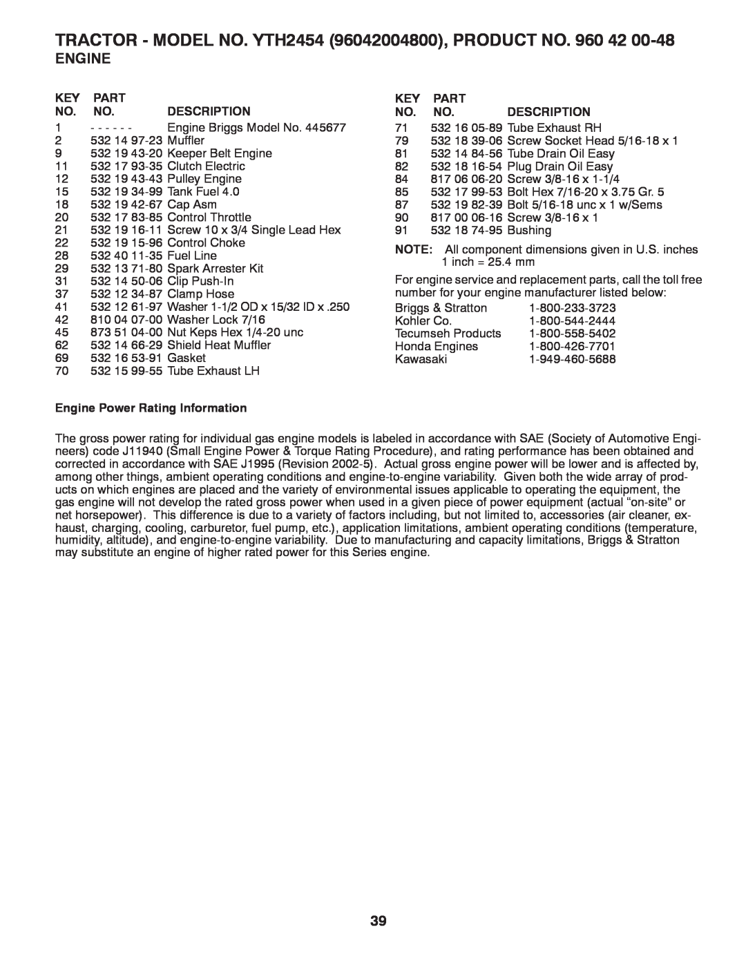 Husqvarna YTH2454 owner manual Key Part No. No. Description, Engine Power Rating Information 