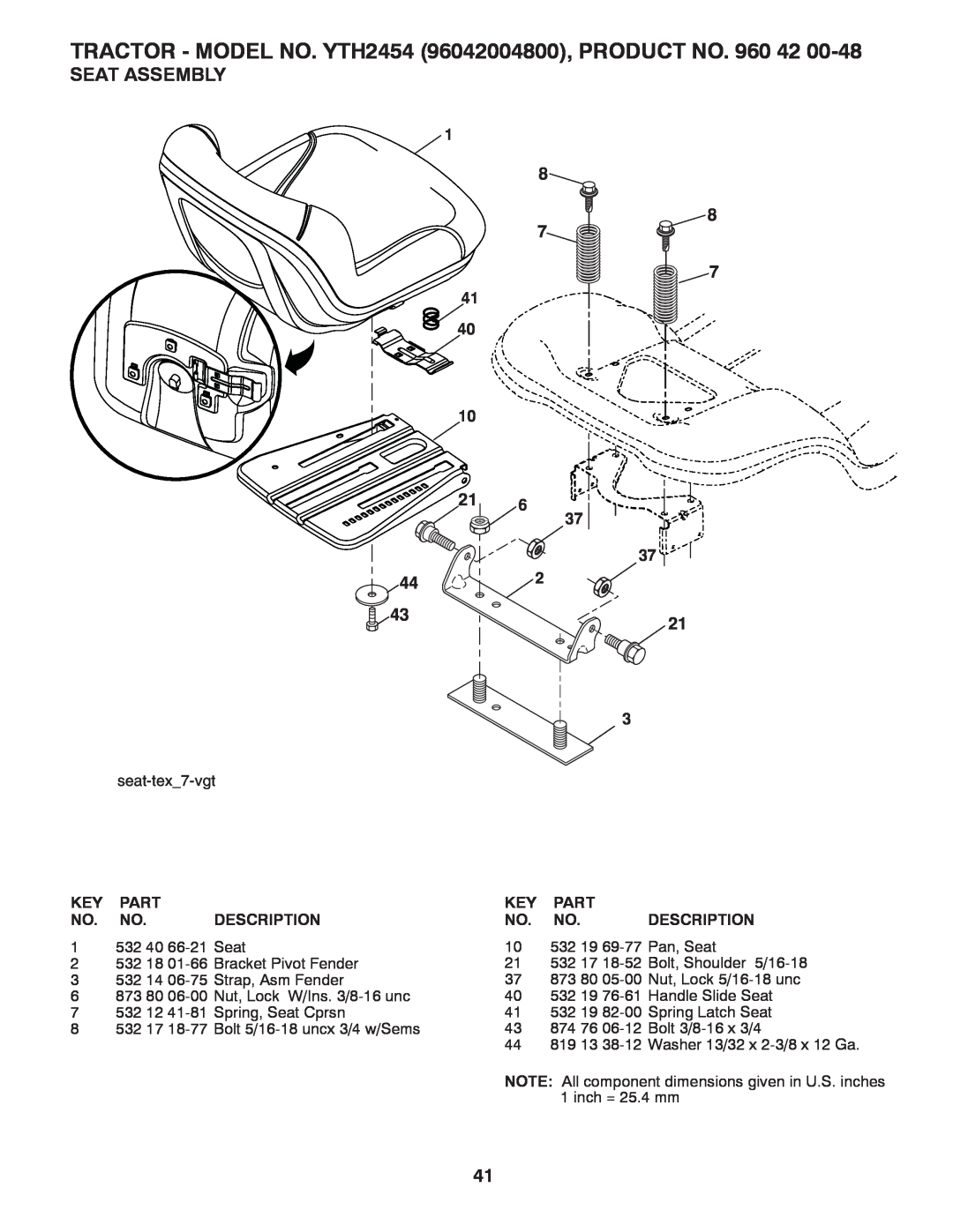 Husqvarna YTH2454 owner manual Seat Assembly, 41 40 10 216 37 37 2, Part, Description 