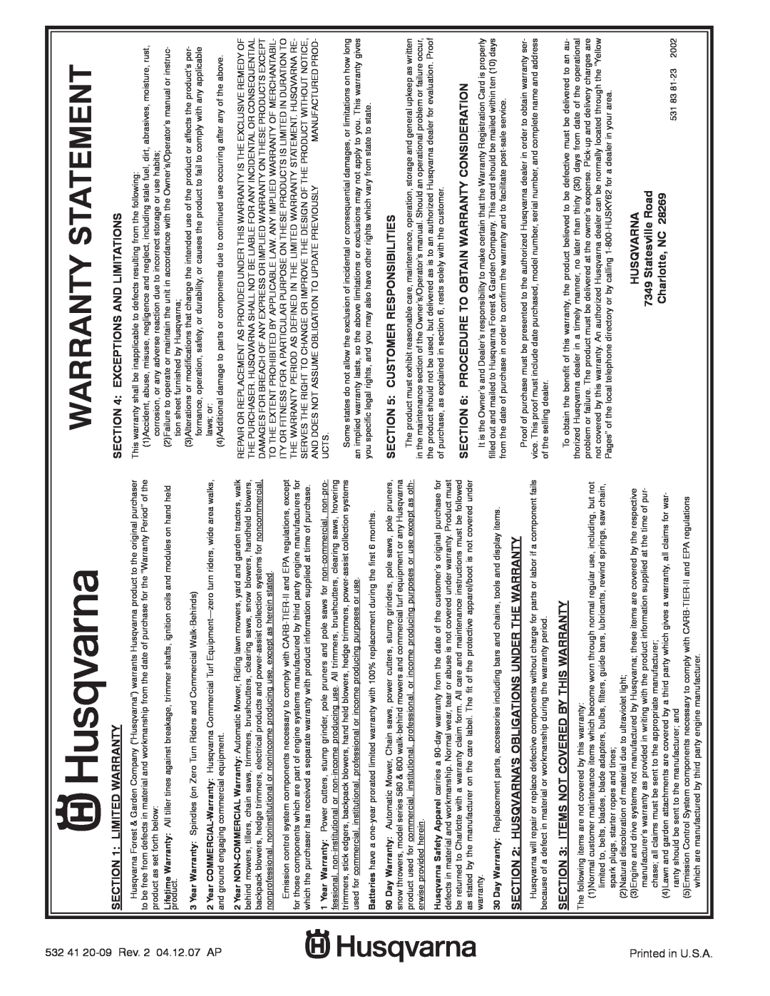 Husqvarna YTH2454 owner manual Warranty Statement, 532 41 20-09Rev. 2 04.12.07 AP Printed in U.S.A, Limited Warranty 