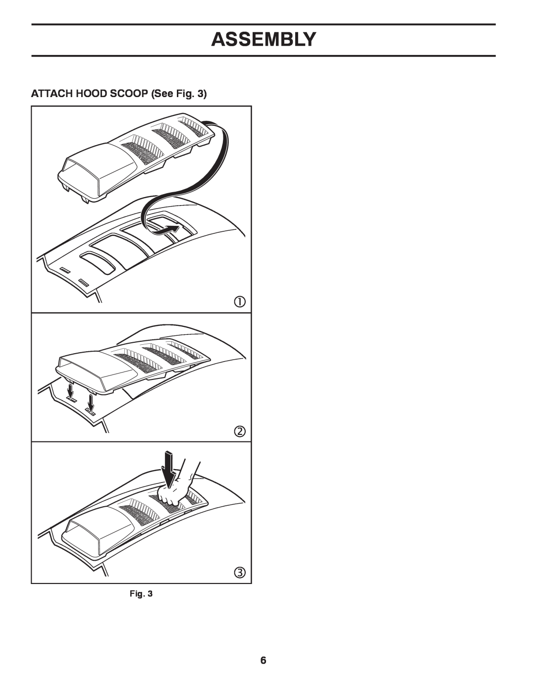Husqvarna YTH2454 owner manual ATTACH HOOD SCOOP See Fig, Assembly 