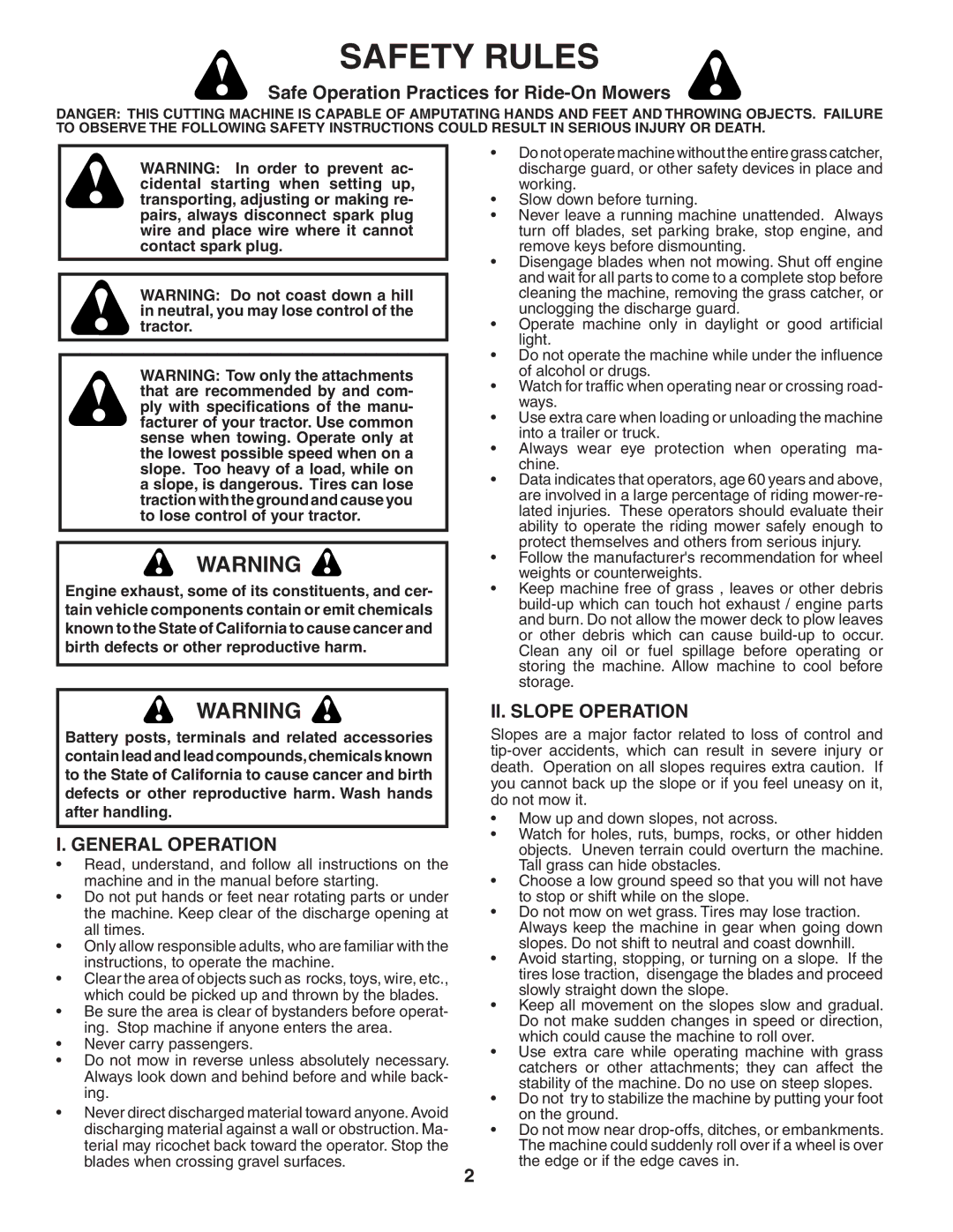 Husqvarna YTH2454T Safety Rules, Safe Operation Practices for Ride-On Mowers, General Operation, II. Slope Operation 