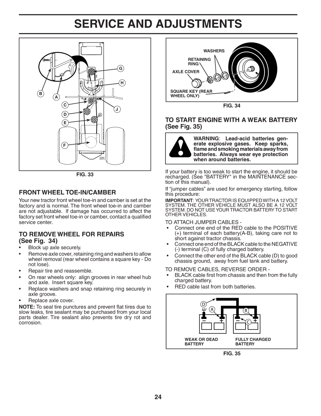 Husqvarna YTH2454T owner manual Front Wheel TOE-IN/CAMBER, To Remove Wheel for Repairs See Fig, To Attach Jumper Cables 