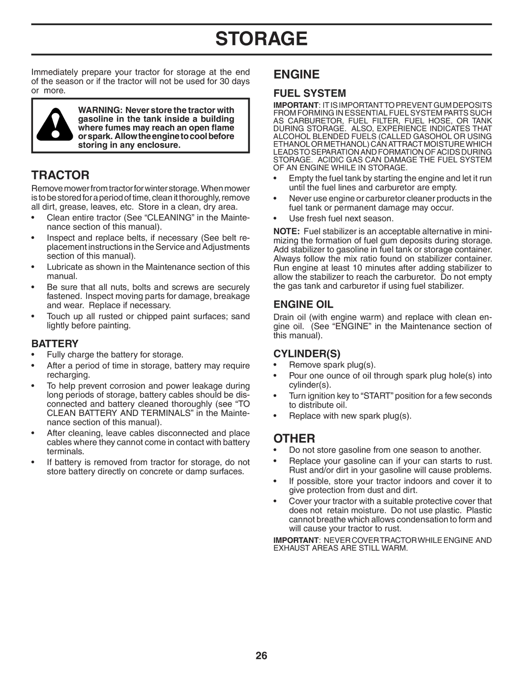 Husqvarna YTH2454T owner manual Storage, Other, Fuel System, Engine OIL, Cylinders 