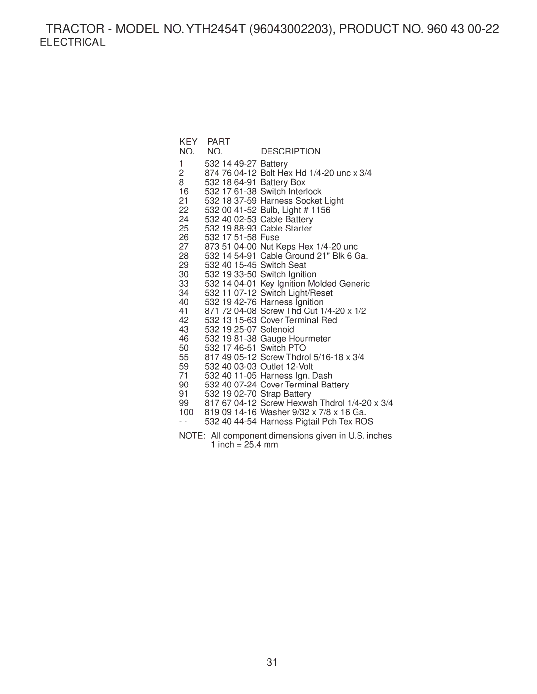 Husqvarna YTH2454T owner manual KEY Part NO. NO.DESCRIPTION 