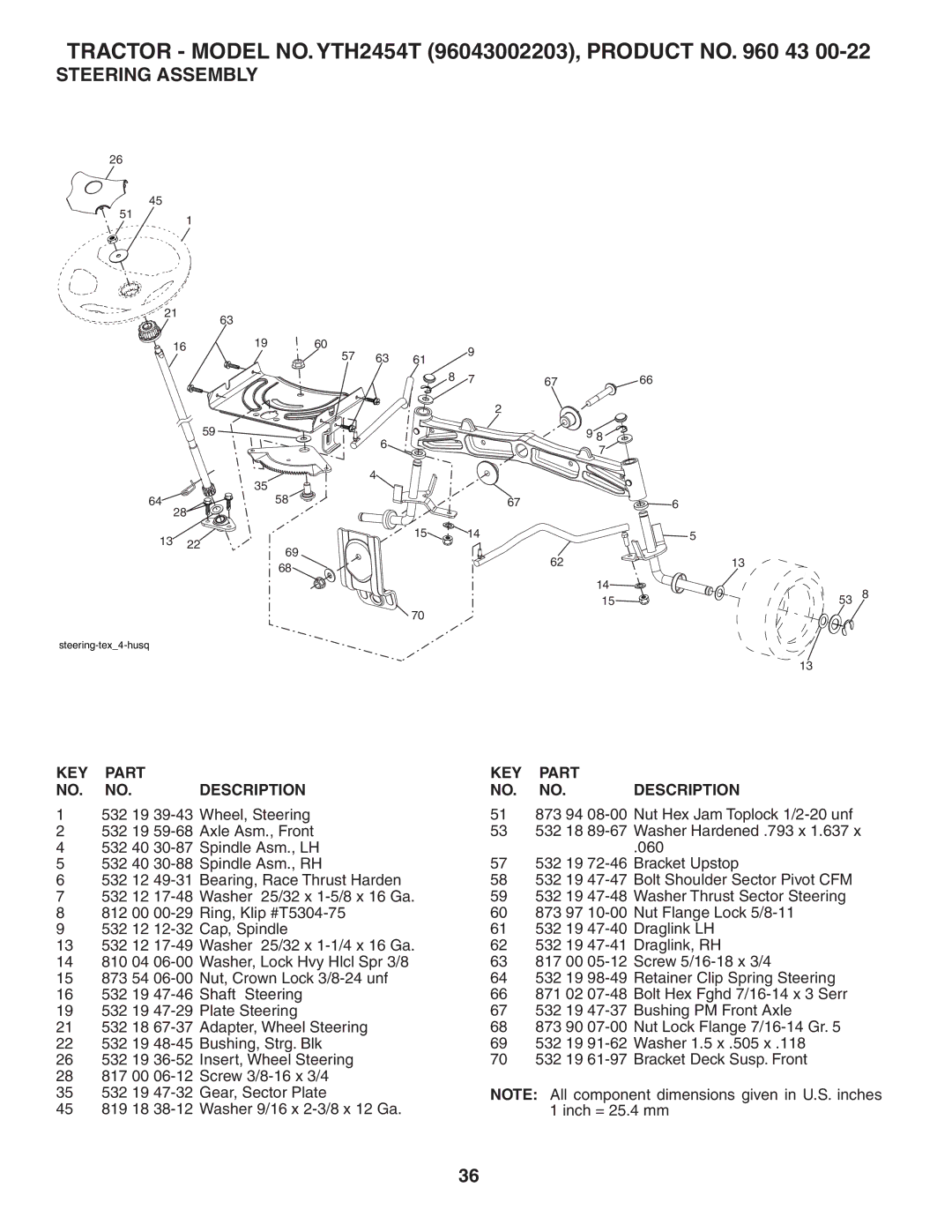 Husqvarna YTH2454T owner manual Steering Assembly, KEY Part Description 