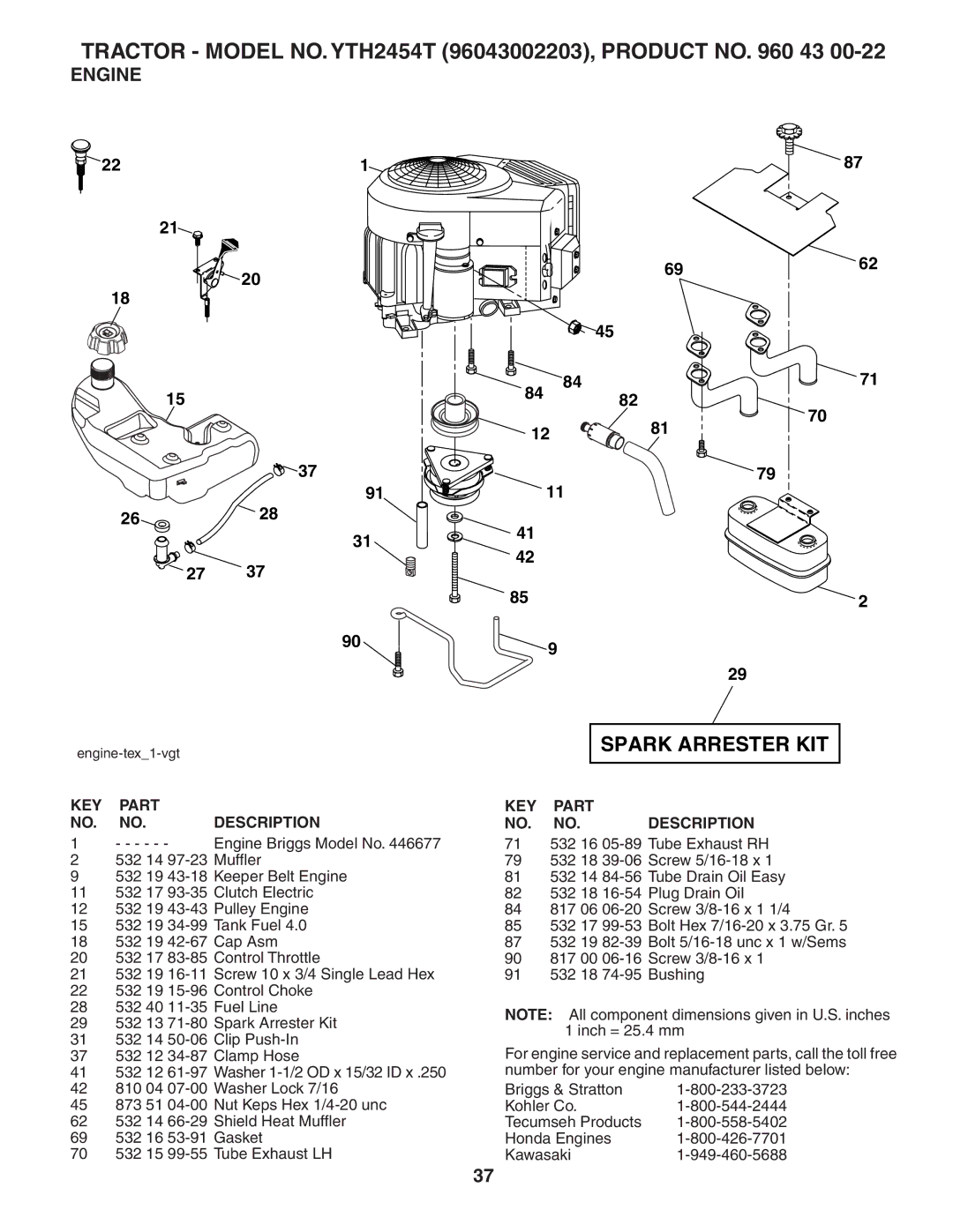 Husqvarna YTH2454T owner manual Spark Arrester KIT, Engine 