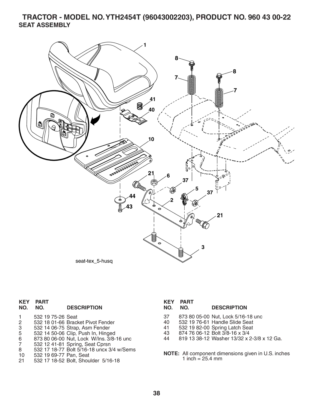 Husqvarna YTH2454T owner manual Seat Assembly 