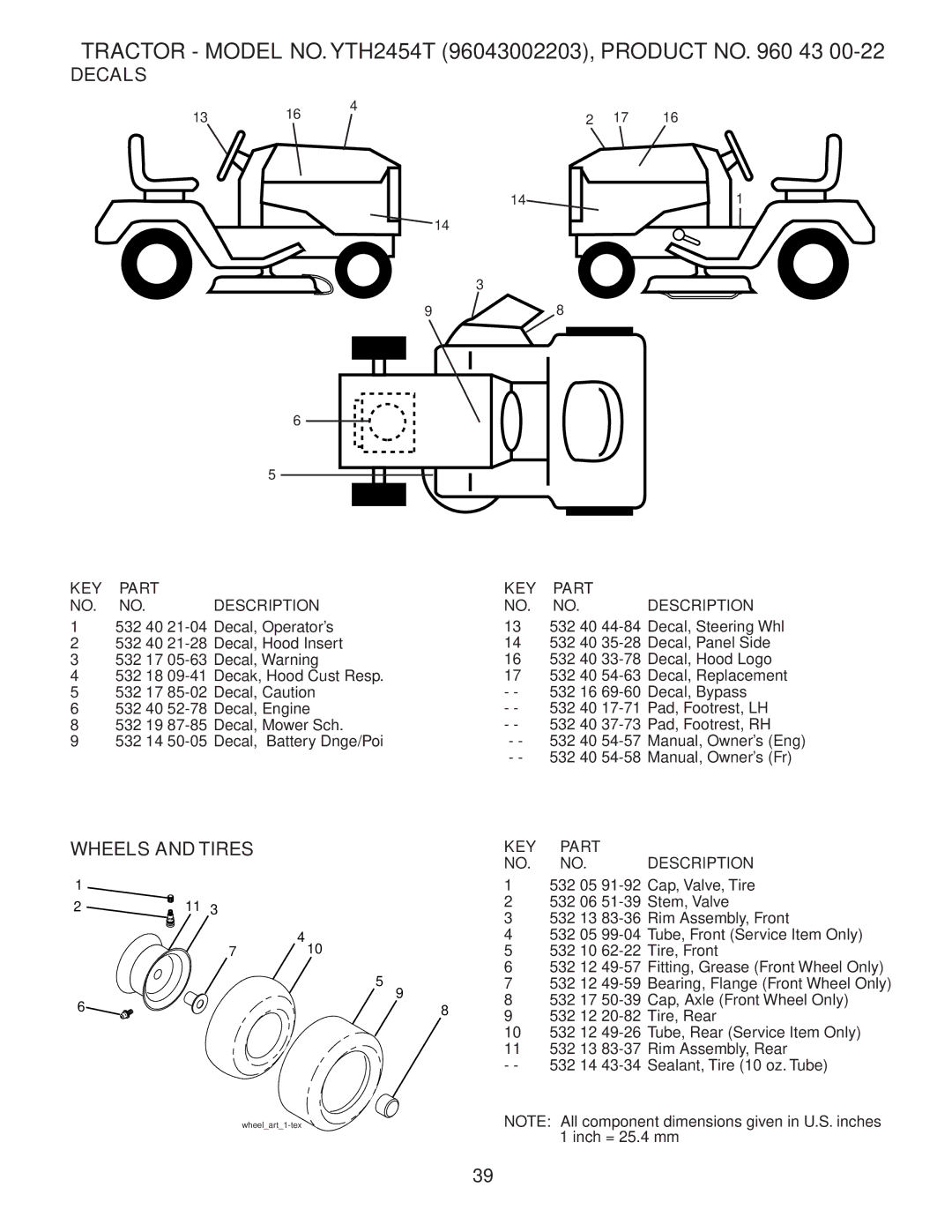 Husqvarna YTH2454T owner manual Decals, Wheels and Tires 