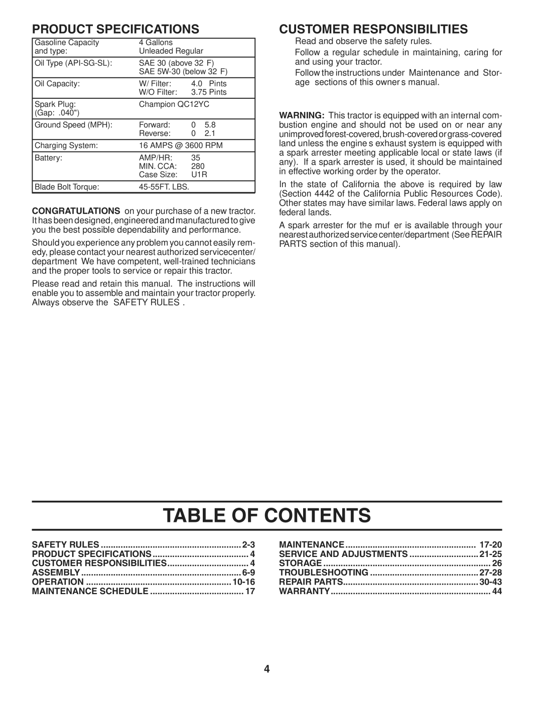 Husqvarna YTH2454T owner manual Table of Contents 