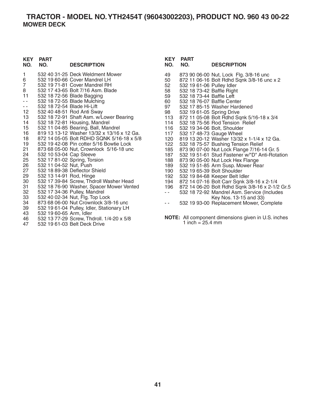 Husqvarna YTH2454T owner manual KEY Part NO. NO.DESCRIPTION 