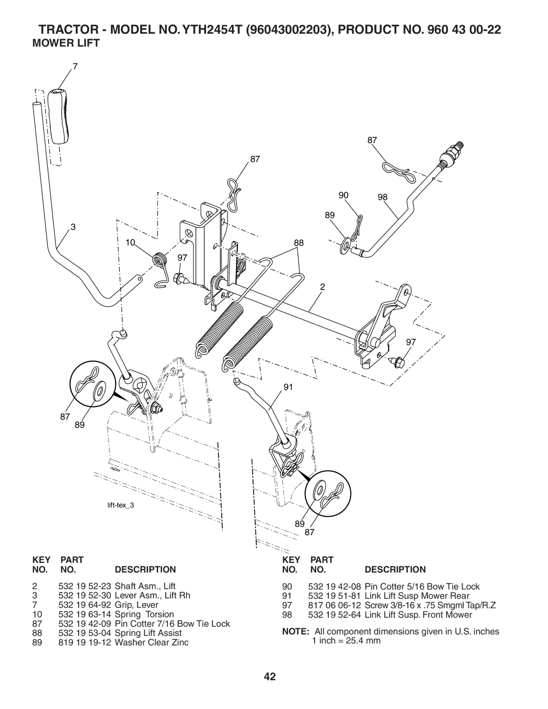 Husqvarna YTH2454T owner manual Mower Lift 