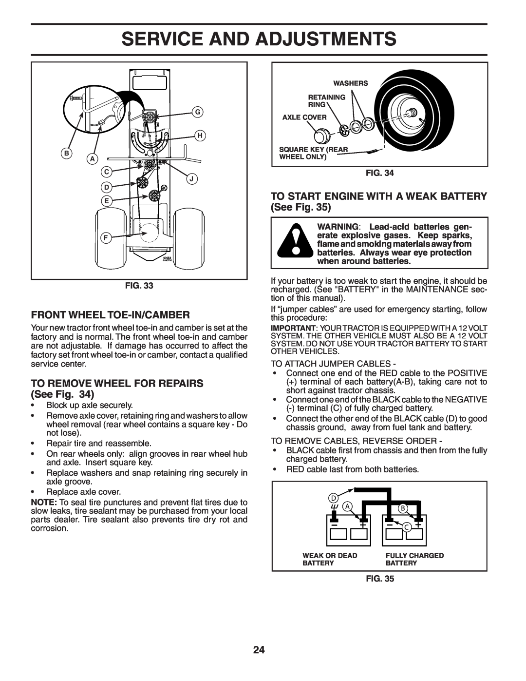 Husqvarna YTH2454T owner manual Front Wheel Toe-In/Camber, TO REMOVE WHEEL FOR REPAIRS See Fig, Service And Adjustments 