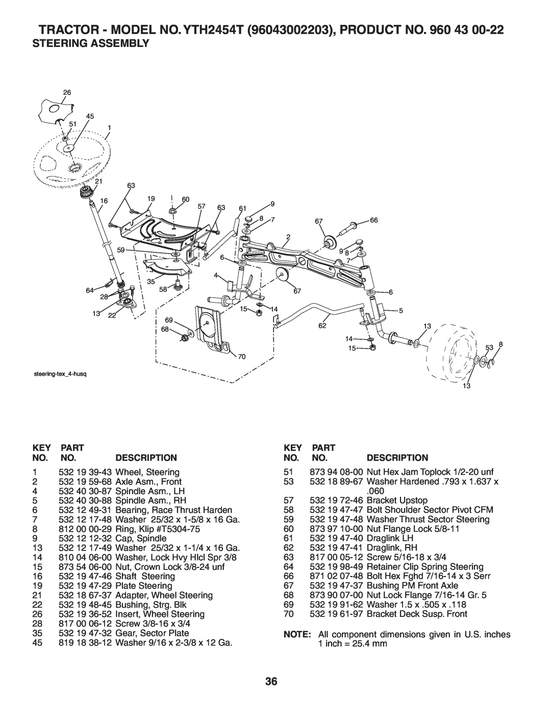 Husqvarna YTH2454T owner manual Steering Assembly, Part, Description 
