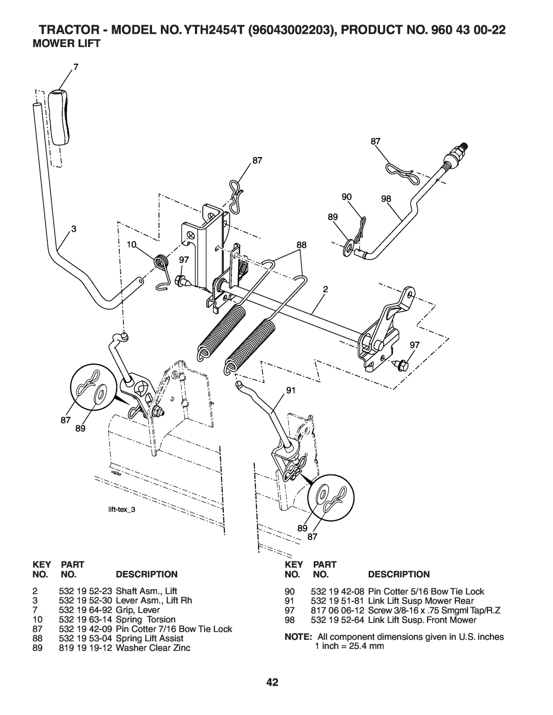 Husqvarna YTH2454T owner manual Mower Lift, Key Part No. No.Description 