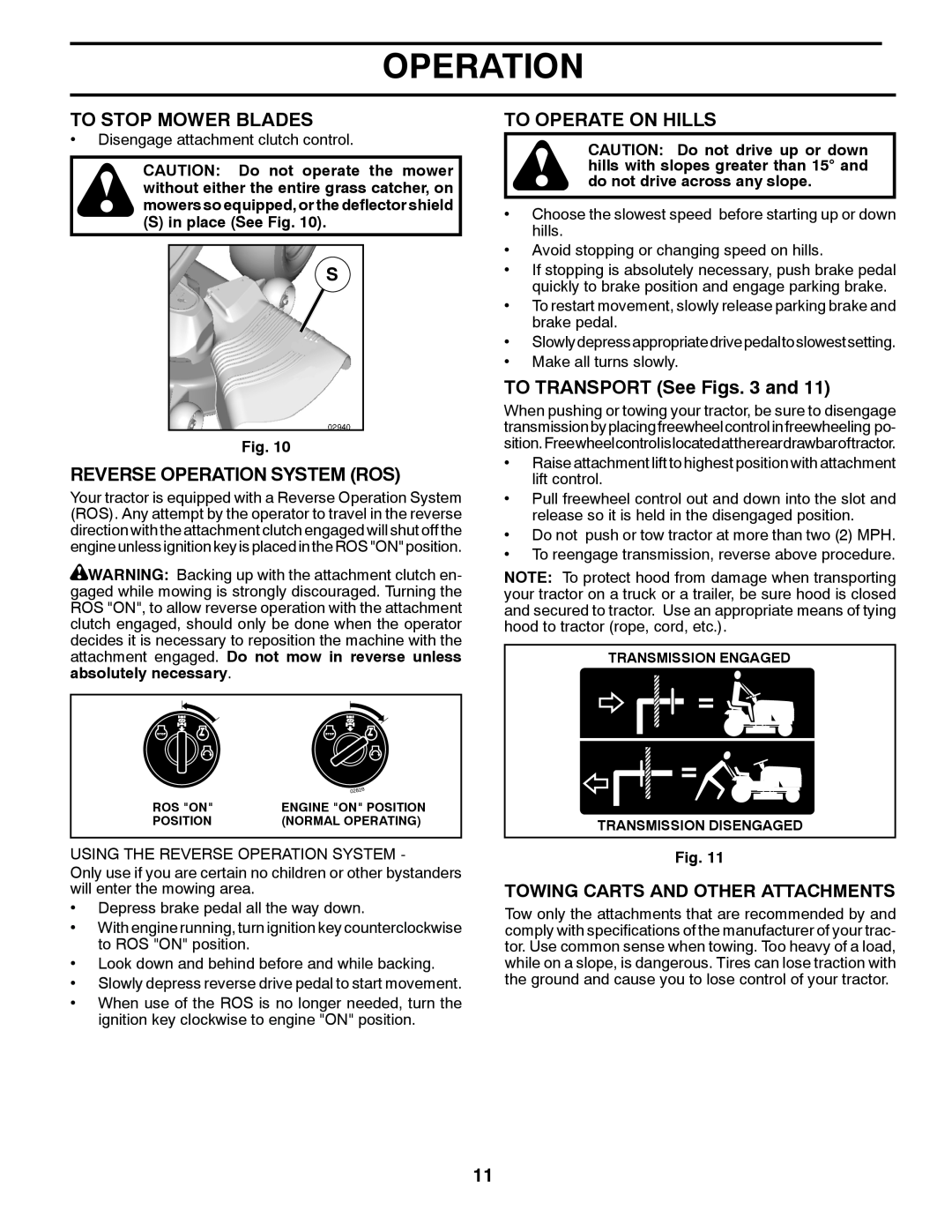 Husqvarna YTH24V42LS To Stop Mower Blades, Reverse Operation System Ros, To Operate On Hills, TO TRANSPORT See Figs. 3 and 