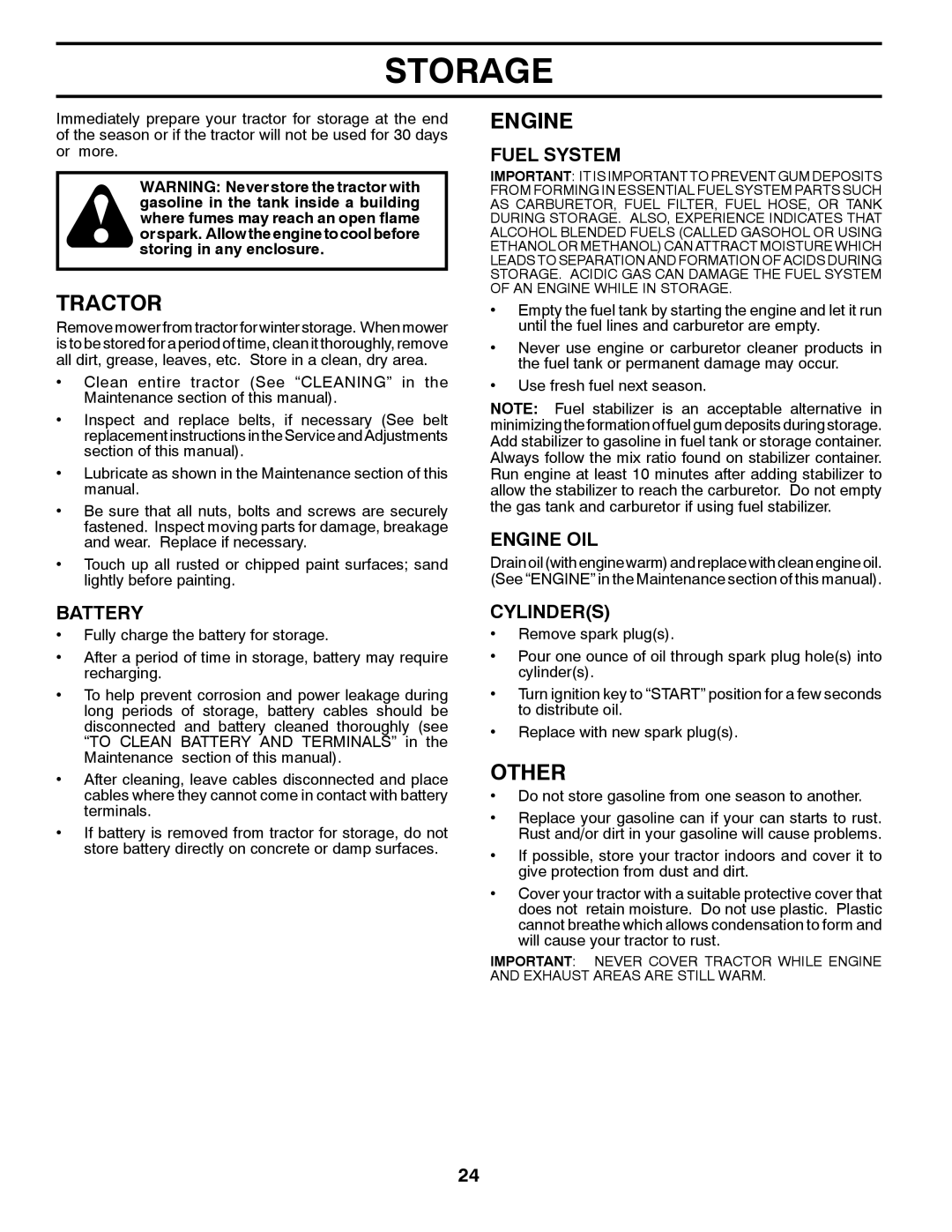 Husqvarna YTH24V42LS owner manual Storage, Other, Fuel System, Engine Oil, Cylinders, Tractor, Battery 