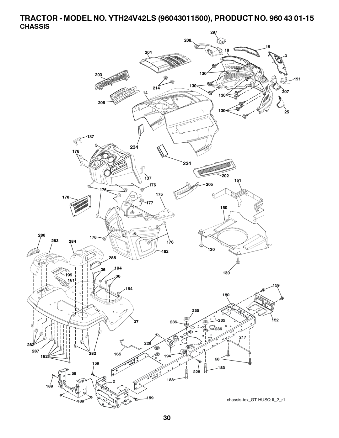 Husqvarna owner manual Chassis, TRACTOR - MODEL NO. YTH24V42LS 96043011500, PRODUCT NO. 960 43, chassis-texGT HUSQ II2r1 