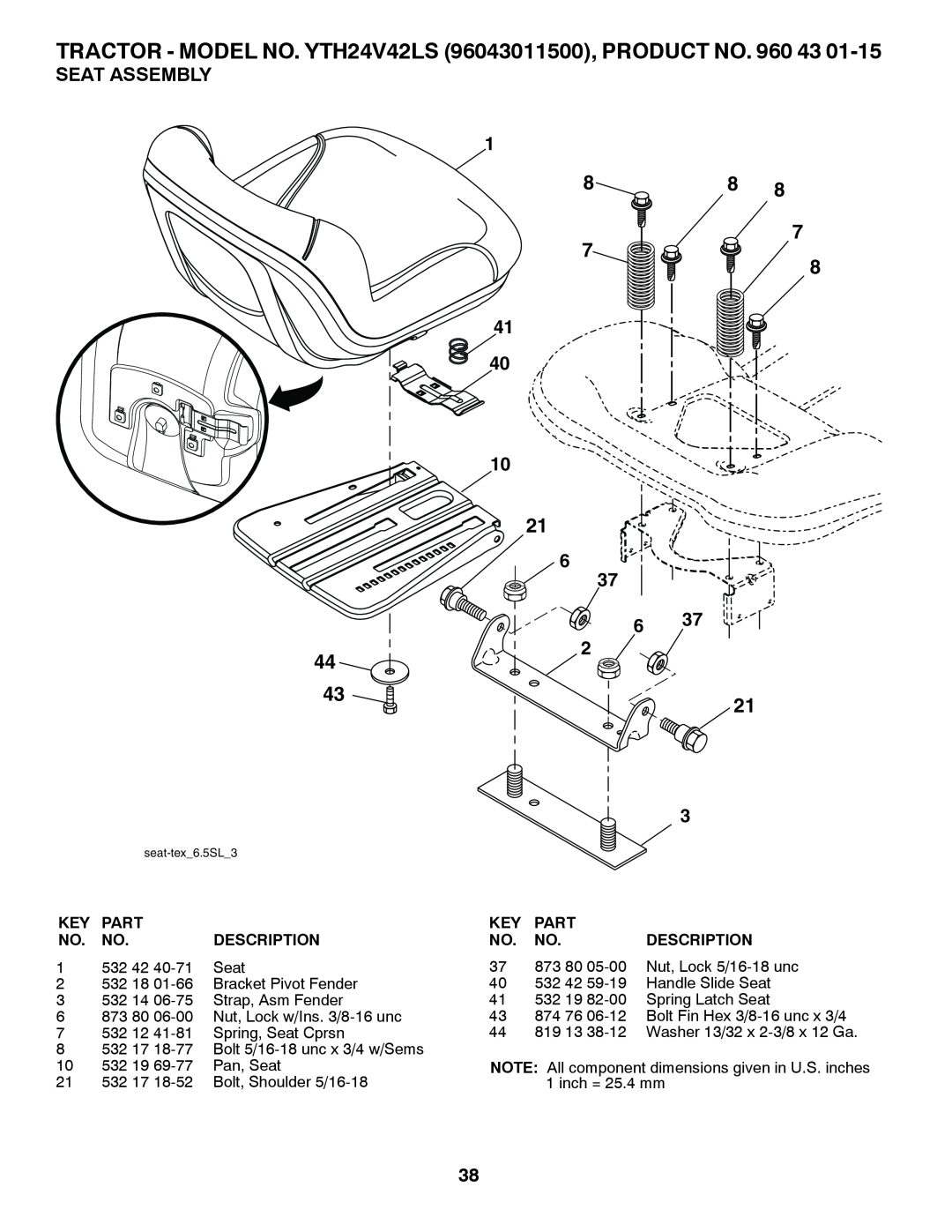 Husqvarna Seat Assembly, TRACTOR - MODEL NO. YTH24V42LS 96043011500, PRODUCT NO. 960 43, Part, Description, 532 42 