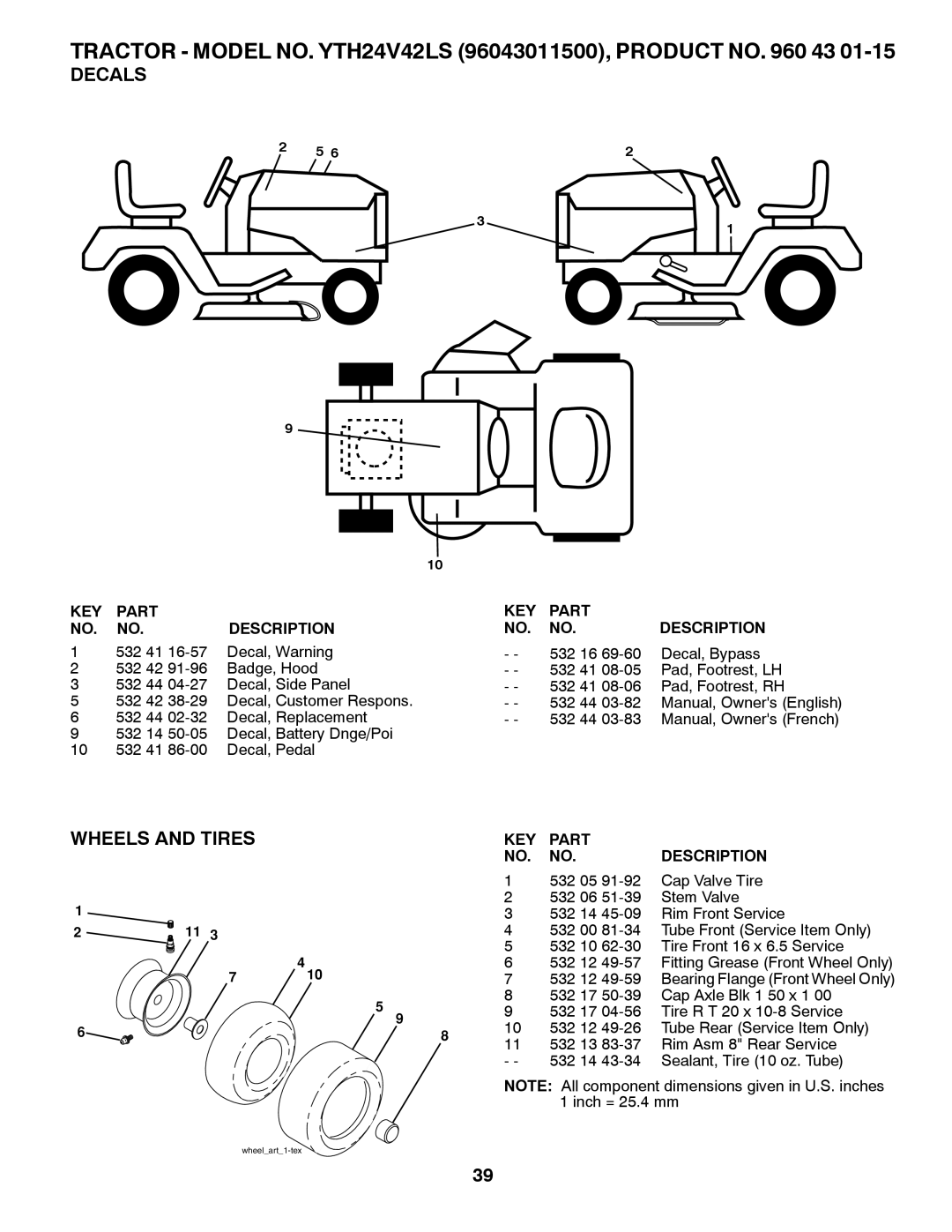 Husqvarna Decals, Wheels And Tires, TRACTOR - MODEL NO. YTH24V42LS 96043011500, PRODUCT NO. 960 43, Part, Description 