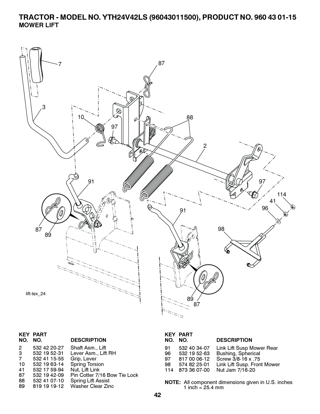 Husqvarna owner manual Mower Lift, TRACTOR - MODEL NO. YTH24V42LS 96043011500, PRODUCT NO. 960 43, Part, Description 