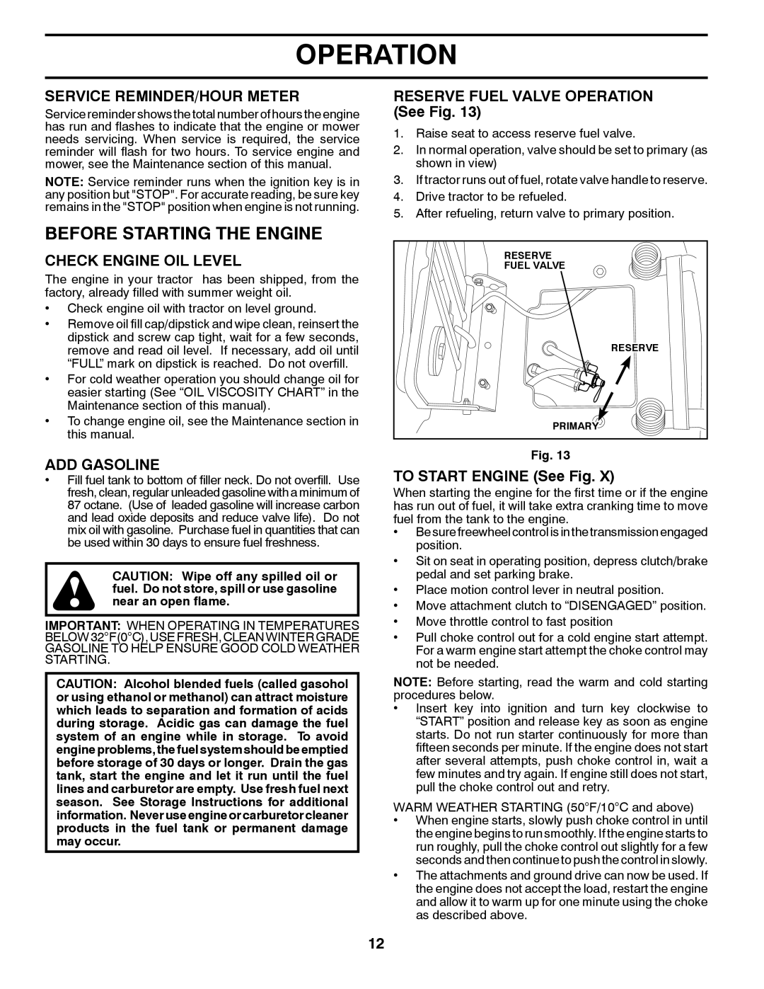 Husqvarna YTH24V48LS Before Starting the Engine, Service REMINDER/HOUR Meter, Check Engine OIL Level, ADD Gasoline 