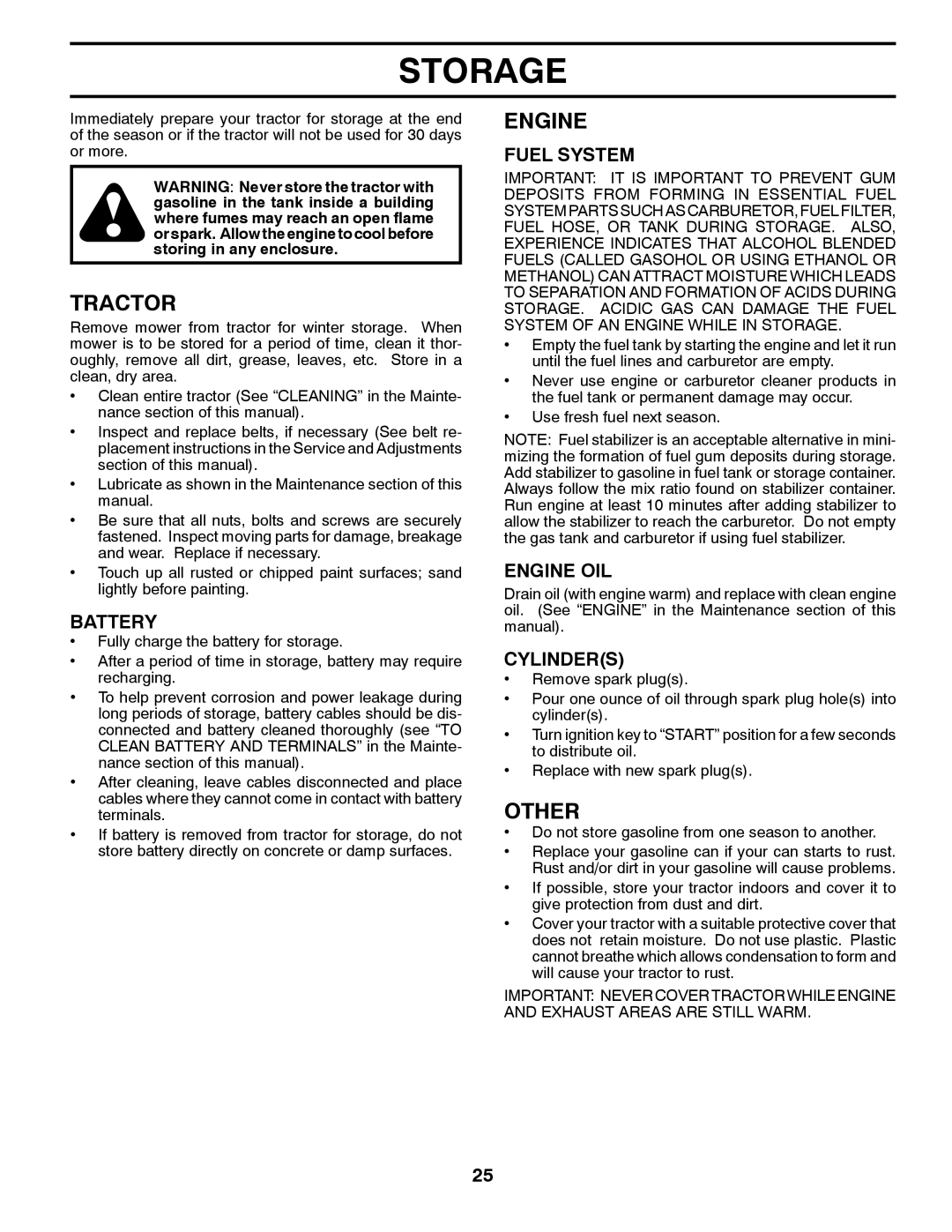 Husqvarna YTH24V48LS owner manual Storage, Other, Fuel System, Engine OIL, Cylinders 