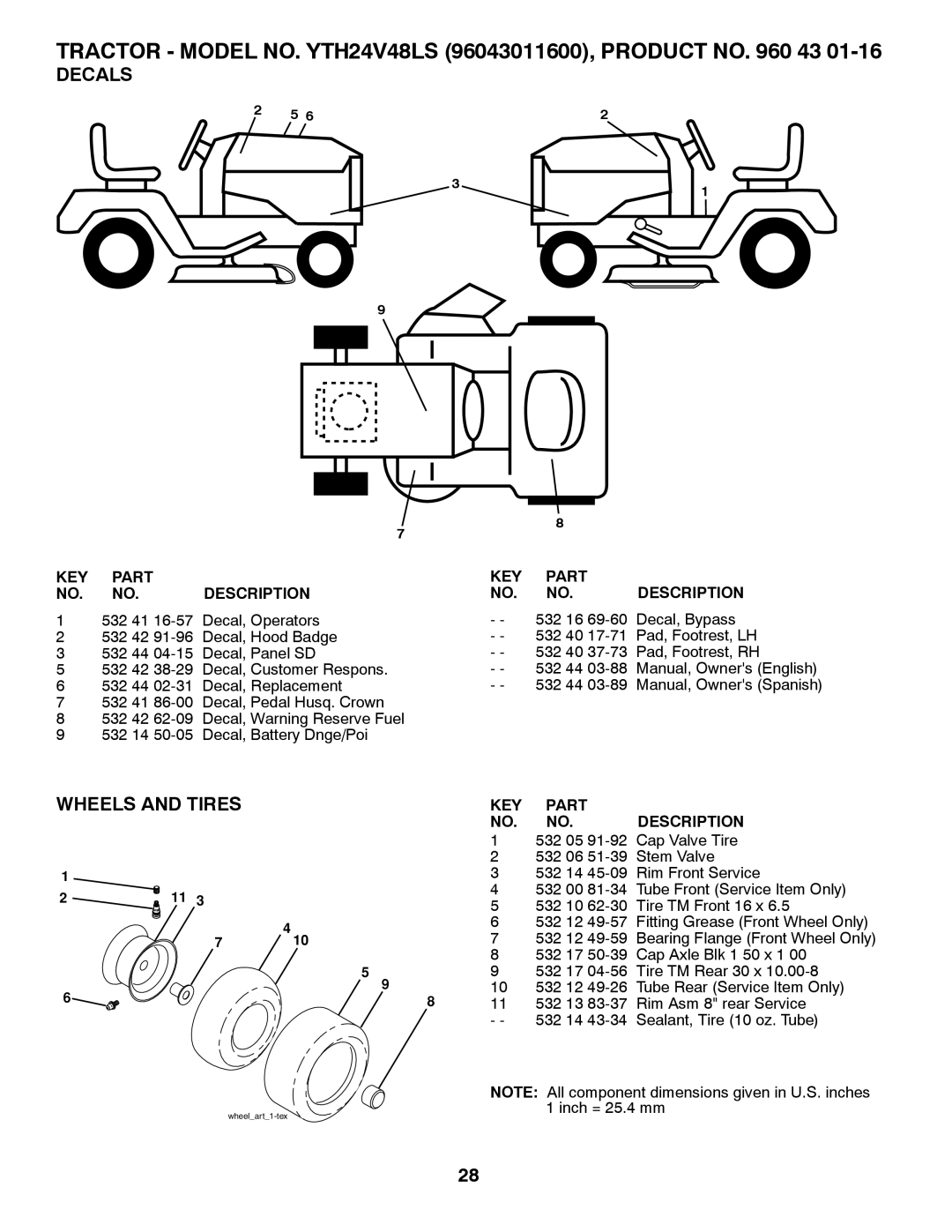 Husqvarna YTH24V48LS owner manual Decals, Wheels and Tires, KEY Part Description 