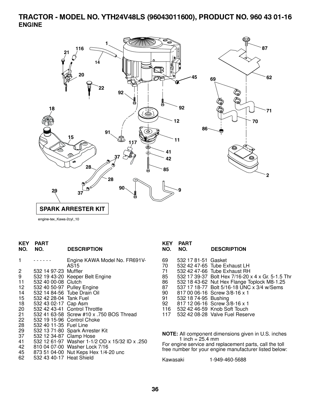 Husqvarna YTH24V48LS owner manual Engine, Spark Arrester KIT 